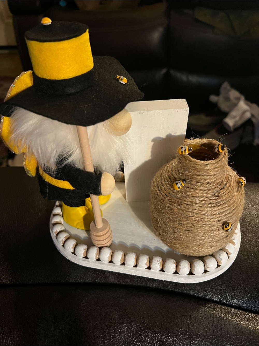 Bee Gnome Desk Decor with Jute Beehive (Yellow & Black)